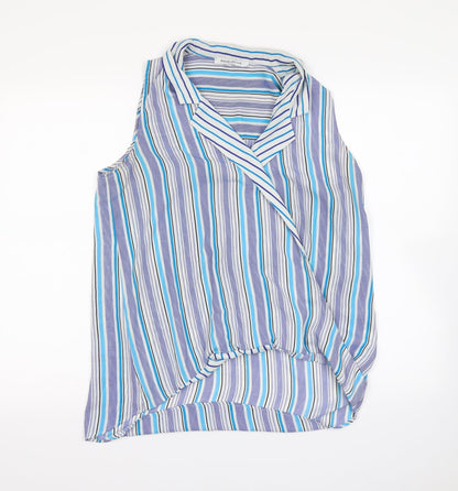Front view of Rose & Olive women’s blue striped basic blouse, size M
