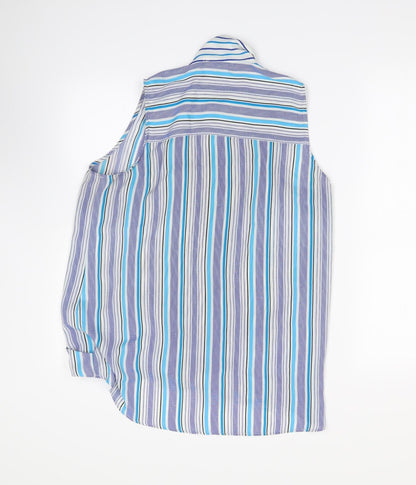 Back view of Rose & Olive women’s blue striped basic blouse, size M