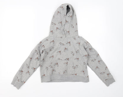 Front view of Next girls’ grey animal print pullover hoodie, size 10, years