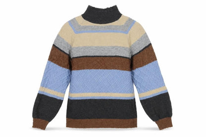 Front view of Warehouse women’s grey striped jumper, size UK 10