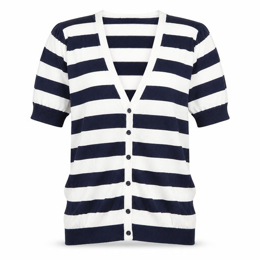 Front view of Mango women’s blue striped knit cardigan jumper, size S