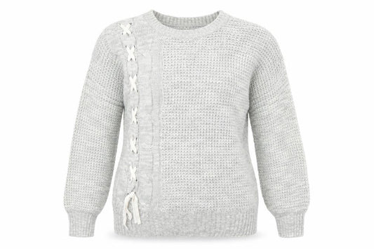 Front view of Matalan women’s grey jumper, size L, - ribbon detail