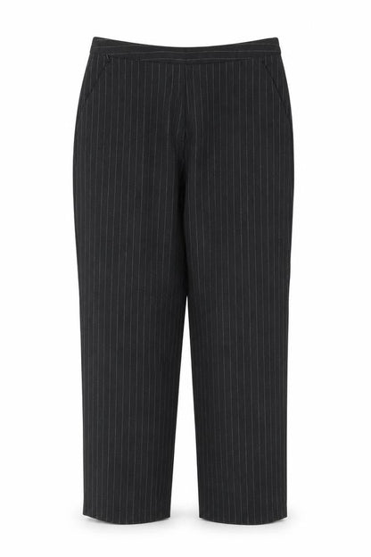 Front view of Wardrobe women’s black striped trousers, size UK 16, 27-inch leg