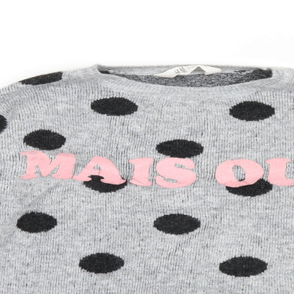 Close-up detail of H&M girls’ grey polka dot knit jumper, size 13-14, years