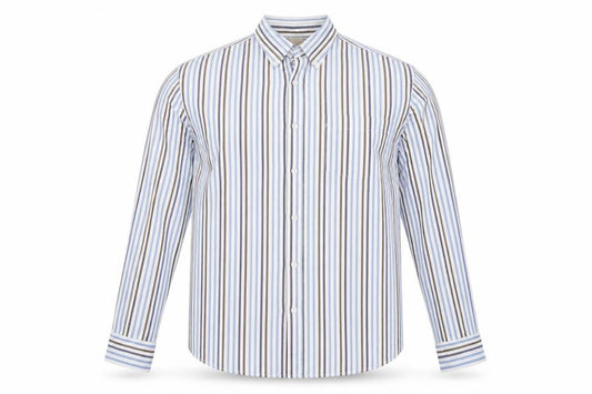 Front view of Cotton Traders men’s blue check button-up, size L