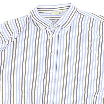 Close-up detail of Cotton Traders men’s blue check button-up, size L
