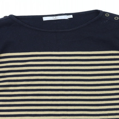 Close-up detail of ewn women’s brown striped jumper, size M