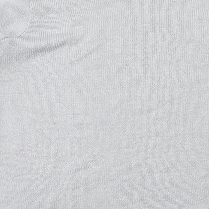 Brand and care label for EWM women’s silver basic t-shirt, size M