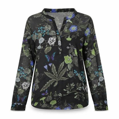 Front view of Niza women’s black floral chiffon basic blouse, size UK 10