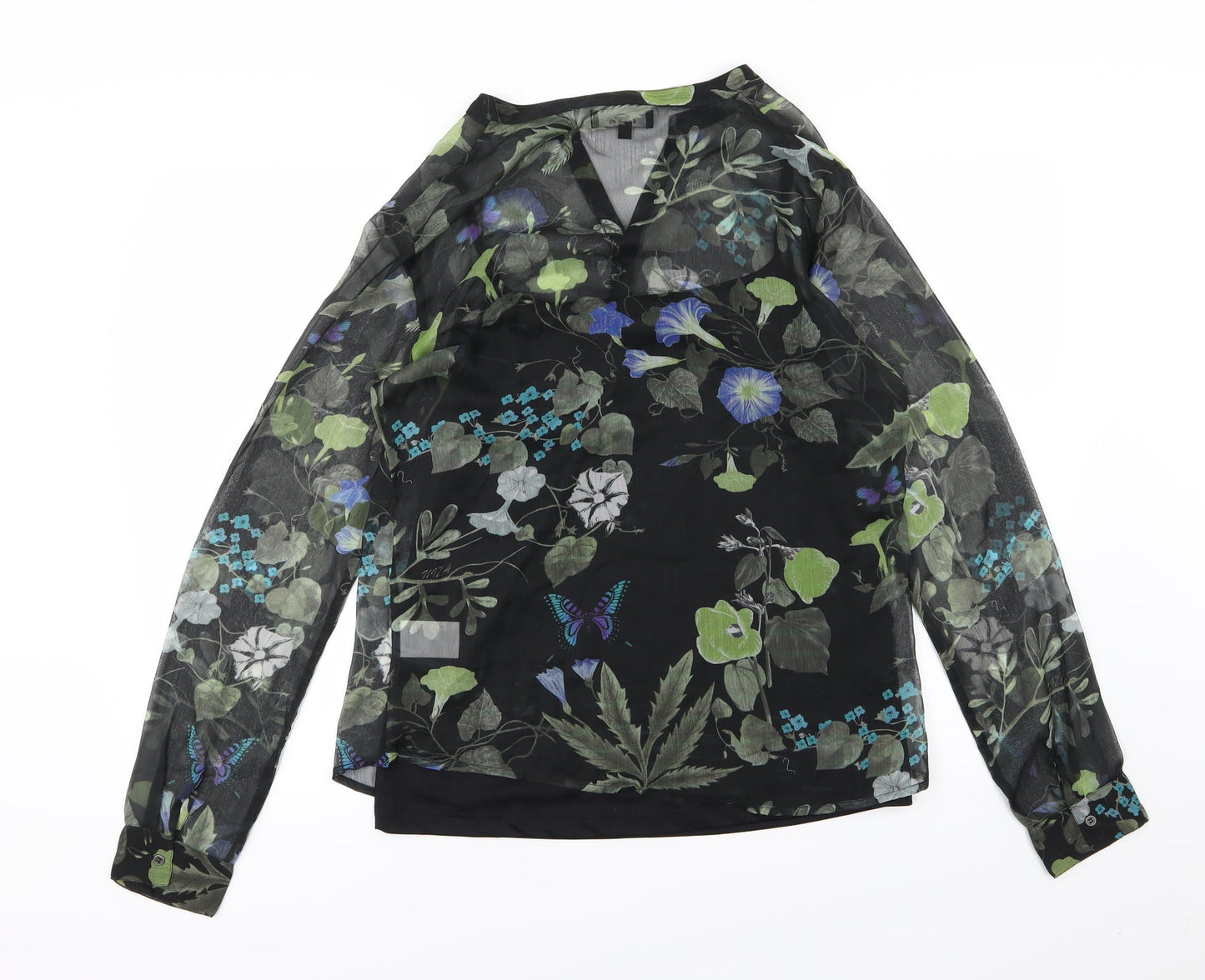 Niza Womens Black Floral Chiffon Basic Blouse Size 10