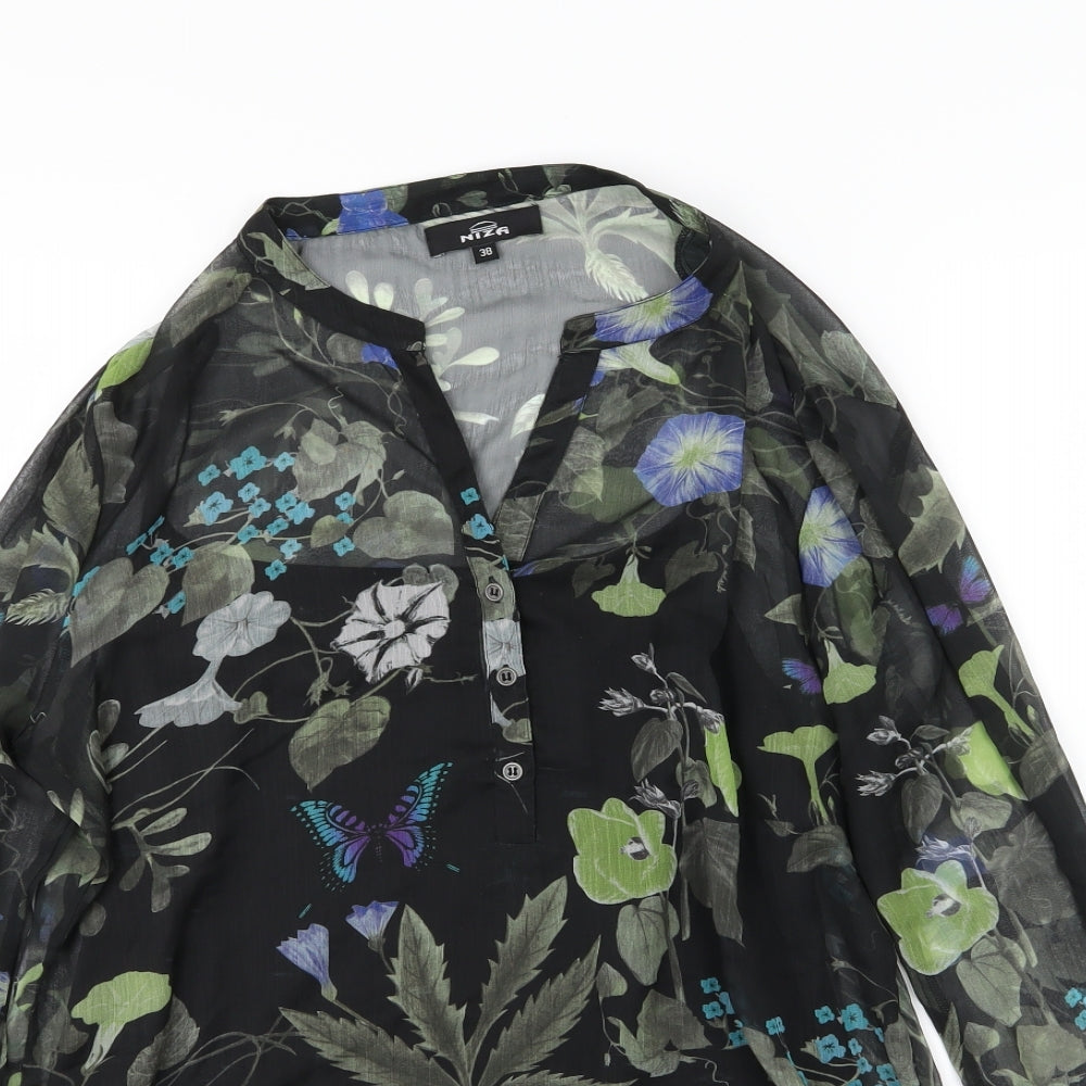 Niza Womens Black Floral Chiffon Basic Blouse Size 10