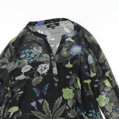 Close-up detail of Niza women’s black floral chiffon basic blouse, size UK 10