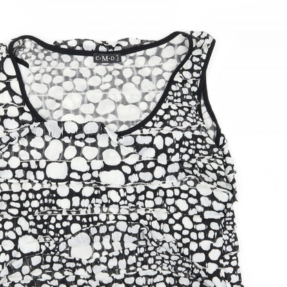 Close-up detail of CMD women’s black polka dot basic tank, size UK 16, - ruffle
