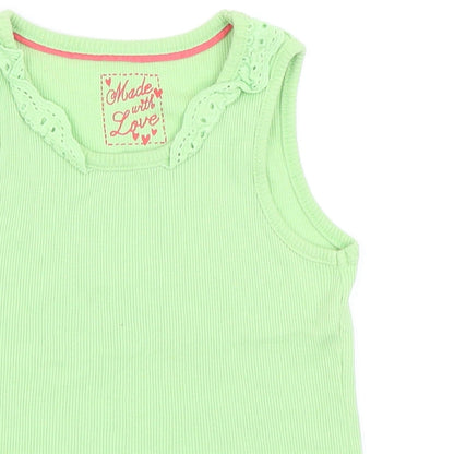 Close-up detail of Mothercare girls’ green basic tank, size 2-3, years