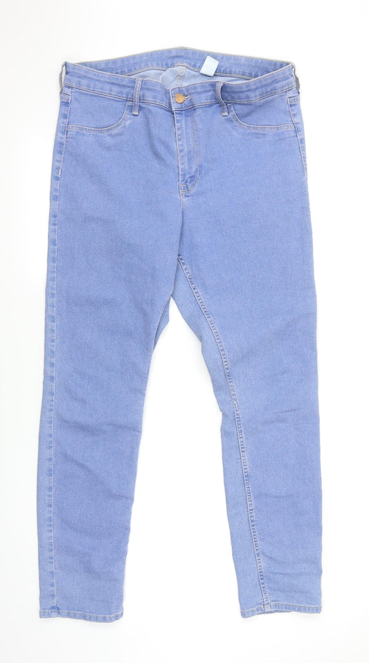 Front view of H&M women’s blue skinny jeans, size UK 6, 28-inch leg