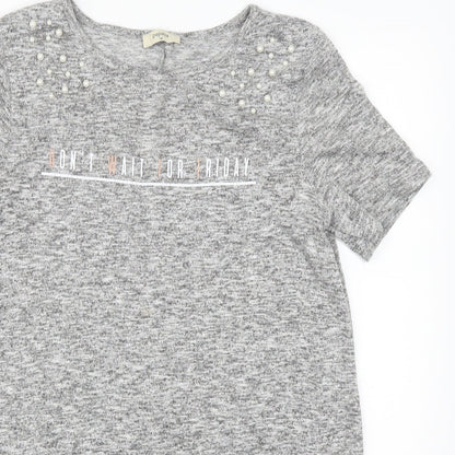 Close-up detail of Matalan women’s grey basic t-shirt, size UK 14, - don't wait for friday