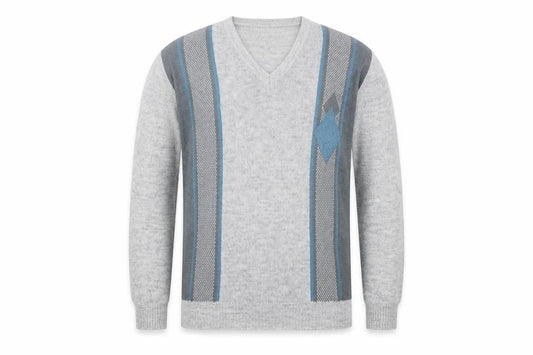 Front view of Greenwoods men’s grey striped jumper, size L