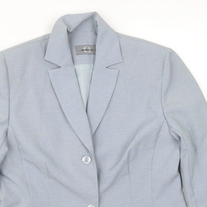 Close-up detail of AMARANTO women’s blue jacket suit jacket, size UK 12