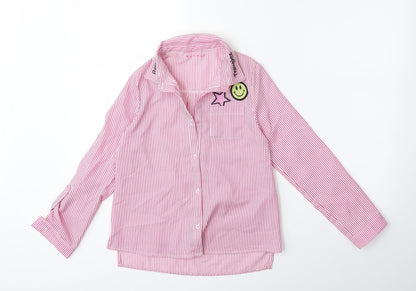 Additional front view of Nutmeg girls’ pink striped basic button-up, size 10, years
