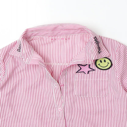 Close-up detail of Nutmeg girls’ pink striped basic button-up, size 10, years