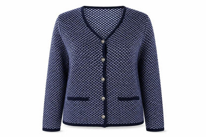 Front view of EWM women’s black knit cardigan jumper, size UK 14
