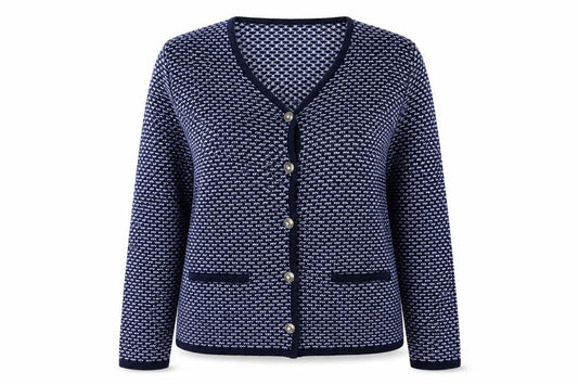 Front view of EWM women’s black knit cardigan jumper, size UK 14