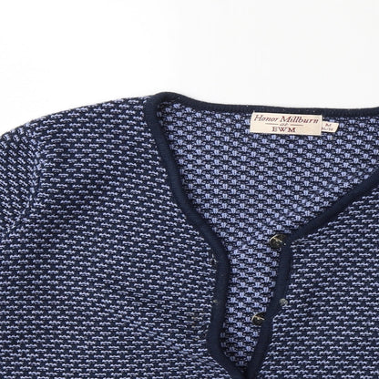 Close-up detail of EWM women’s black knit cardigan jumper, size UK 14