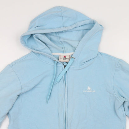 Close-up detail of Olympus women’s blue full zip jumper, size UK 12