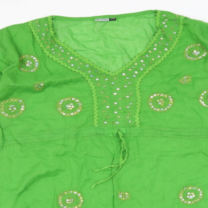 Close-up detail of Preworn women’s green basic blouse, size S