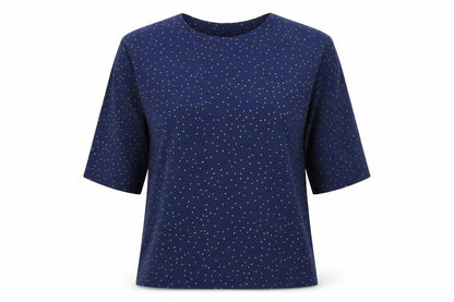 Front view of Atelier women’s blue polka dot basic blouse, size UK 10