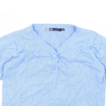 Close-up detail of isle women’s blue jumper, size S