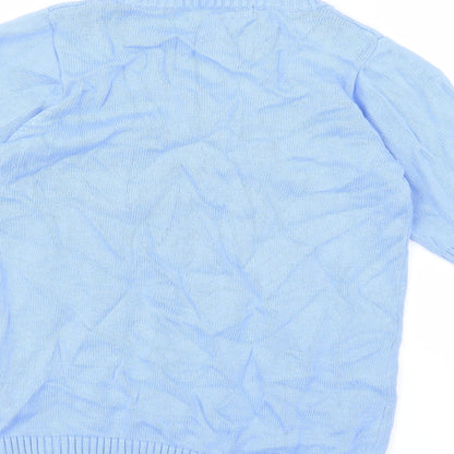 Brand and care label for isle women’s blue jumper, size S