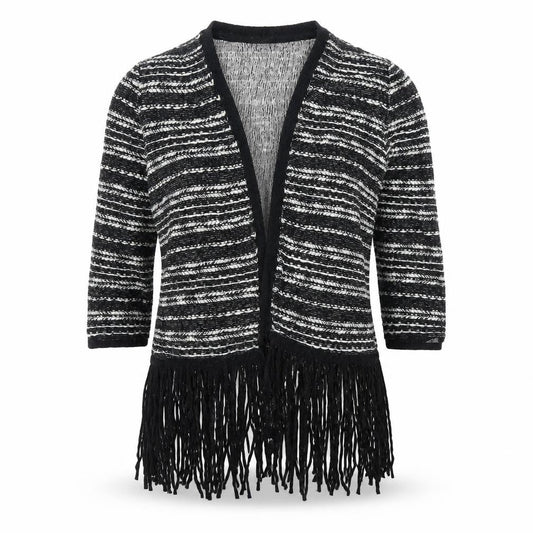 Front view of F&F women’s black striped cardigan jumper, size UK 12