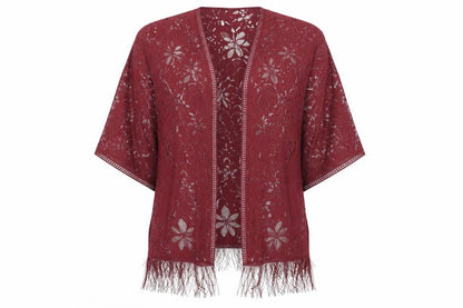 Front view of Atmosphere women’s red lace kimono blouse, size M