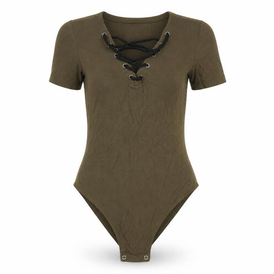 Front view of Gate Women women’s green striped bodysuit one-piece, size XS, - lace neck