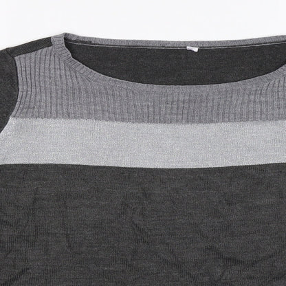 Close-up detail of BHS women’s grey striped knit jumper, size UK 14