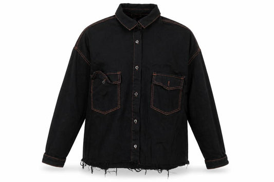 Front view of Missguided women’s black denim jacket, size UK 8