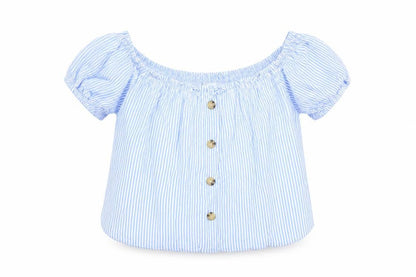 Front view of Divided by H&M women’s blue striped basic blouse, size UK 6