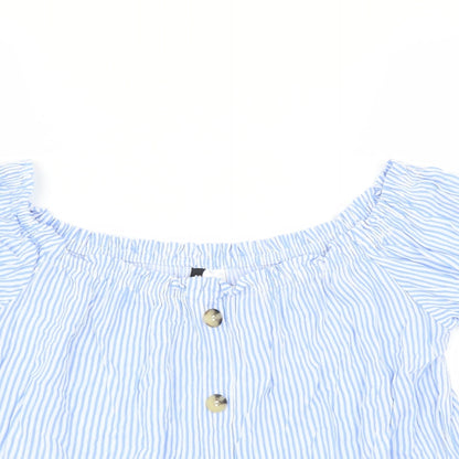 Close-up detail of Divided by H&M women’s blue striped basic blouse, size UK 6