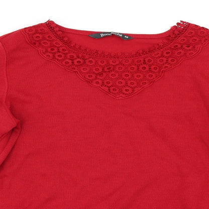 Close-up detail of Bonmarché women’s red basic t-shirt, size XS