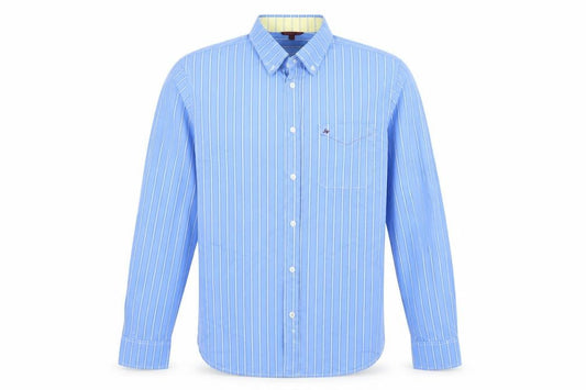 Front view of SW England men’s beige striped button-up, size L
