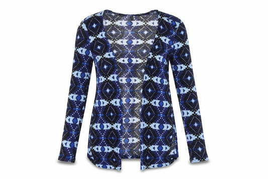 Front view of Divided by H&M women’s blue geometric knit cardigan jumper, size UK 6