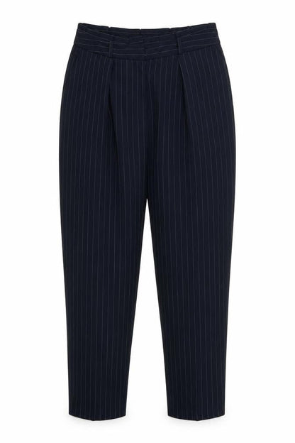 Front view of Oasis women’s white striped trousers, size UK 12, 27-inch leg