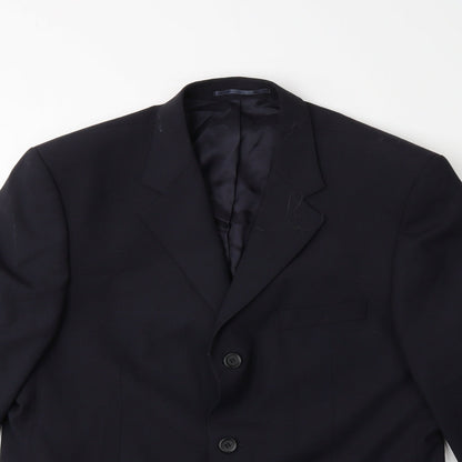 Close-up detail of Preworn men’s blue jacket suit jacket, size 42