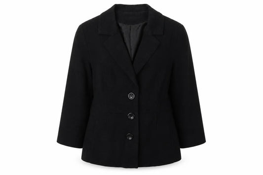 Front view of H&M women’s black jacket coat, size UK 10