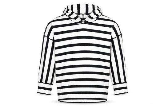 Front view of Indigo girls’ white striped pullover hoodie, size 12, years