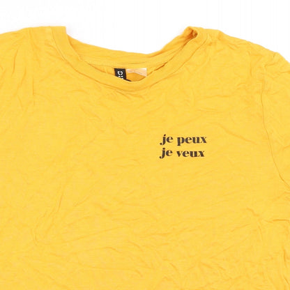 Close-up detail of H&M women’s yellow basic t-shirt, size S