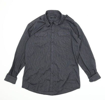 Additional front view of Cedarwood State women’s blue striped basic button-up, size UK 16