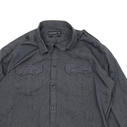 Close-up detail of Cedarwood State women’s blue striped basic button-up, size UK 16
