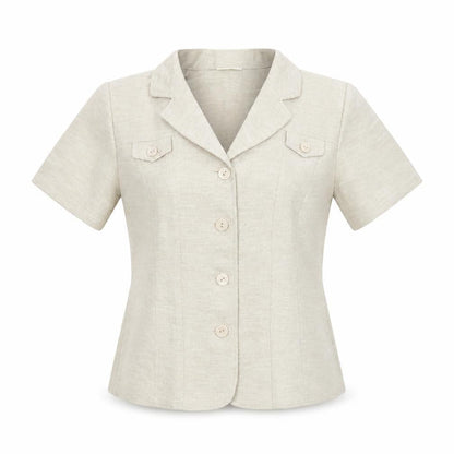 Front view of Preworn women’s beige basic button-up, size UK 10